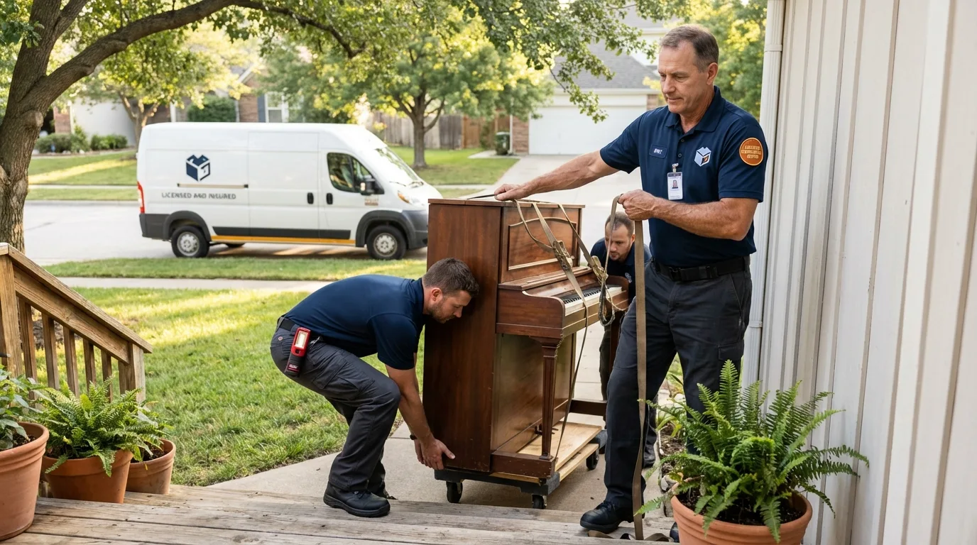 Licensed piano movers securing grand piano in Marks, MS