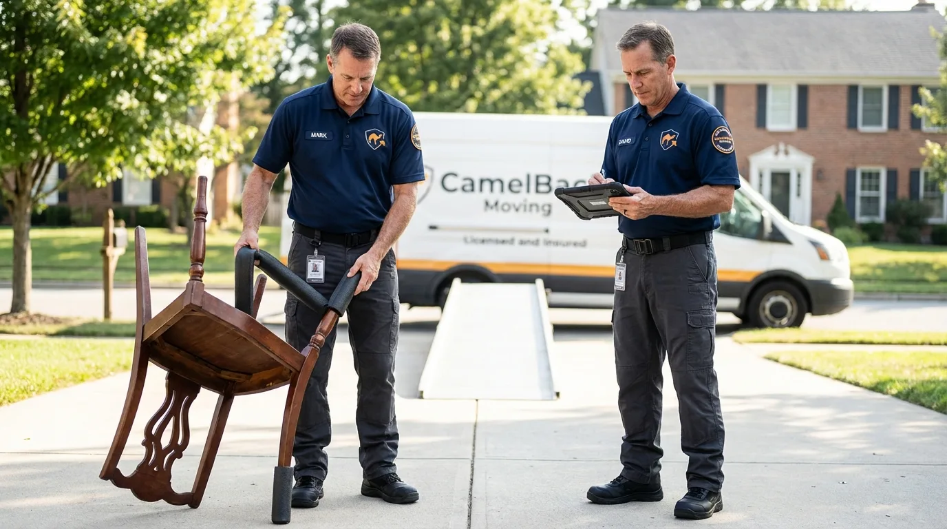 Movers inspecting furniture for damage prevention before loading in Marks, MS