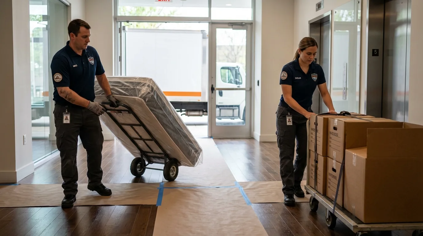 Professional apartment movers loading elevator in Marks, MS